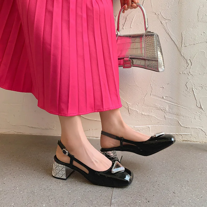 MKKHOU Fashion Pumps New High Quality True Leather Triangle Button Round Head Mid Heel Sandals Daily Commuter Modern Shoes Women