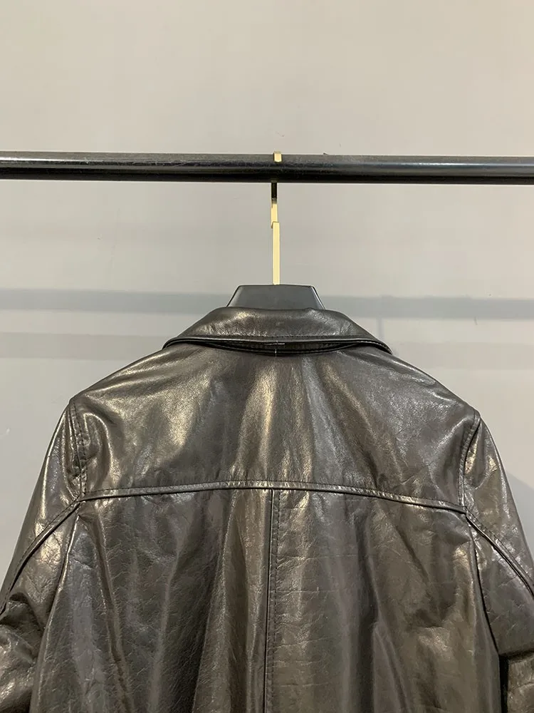 New Fashion Autumn Women Single Breasted Genuine Leather Jacket Loose Fit Oil Wax Turn Down Collar Office Lady Casual Outerwear