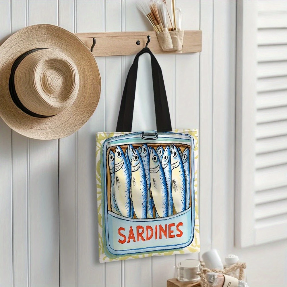 1pc Sardine Artwork Canister Tote Bag Stylish Women'S Shopping Bag with Vibrant Fish Design Durable Polyester Sardine Tote Bag