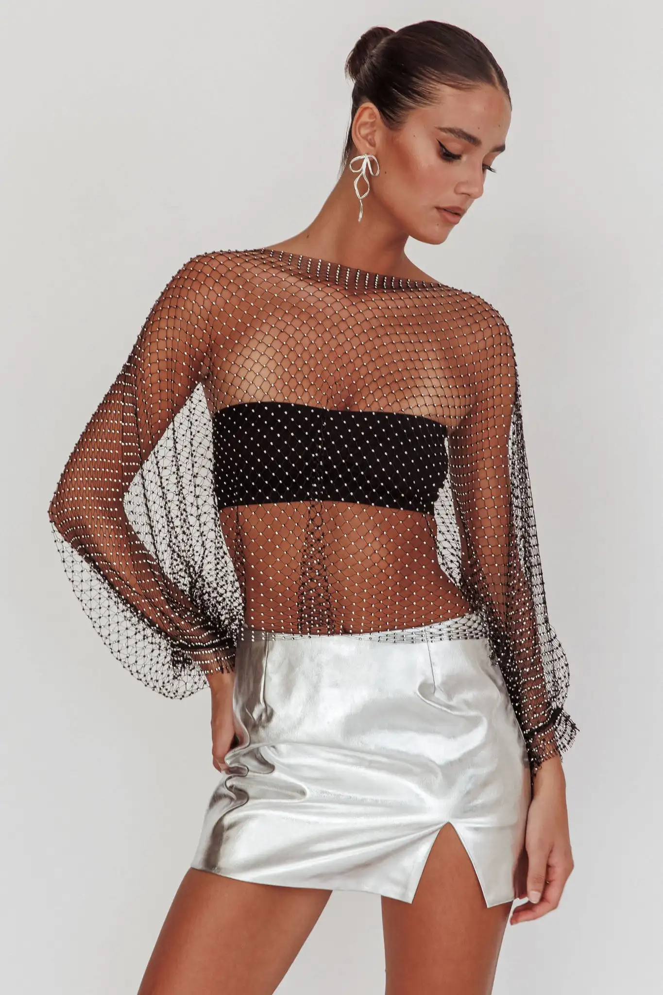 

Sexy Hollow Rhinestone Mesh T Shirt Women Fashion See Through Fishnet Long Sleeve Crop Tops Rave Festival Party Tank Top Tee