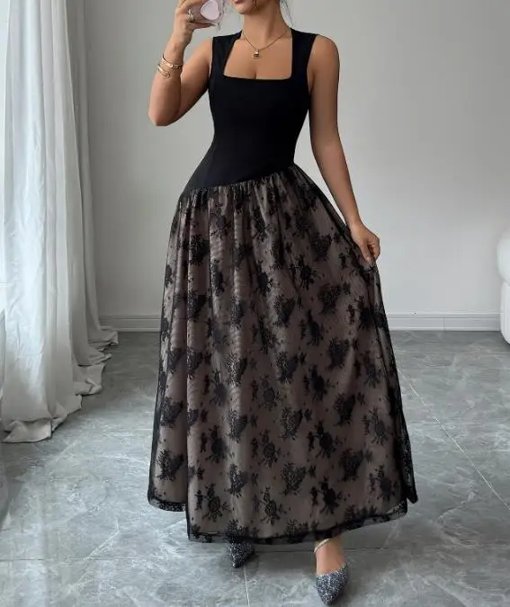 

Womens Dresses 2025 Spring Summer New Elegant Square Neck Sleeveless High Waist Casual Camisole Vest Long Dress