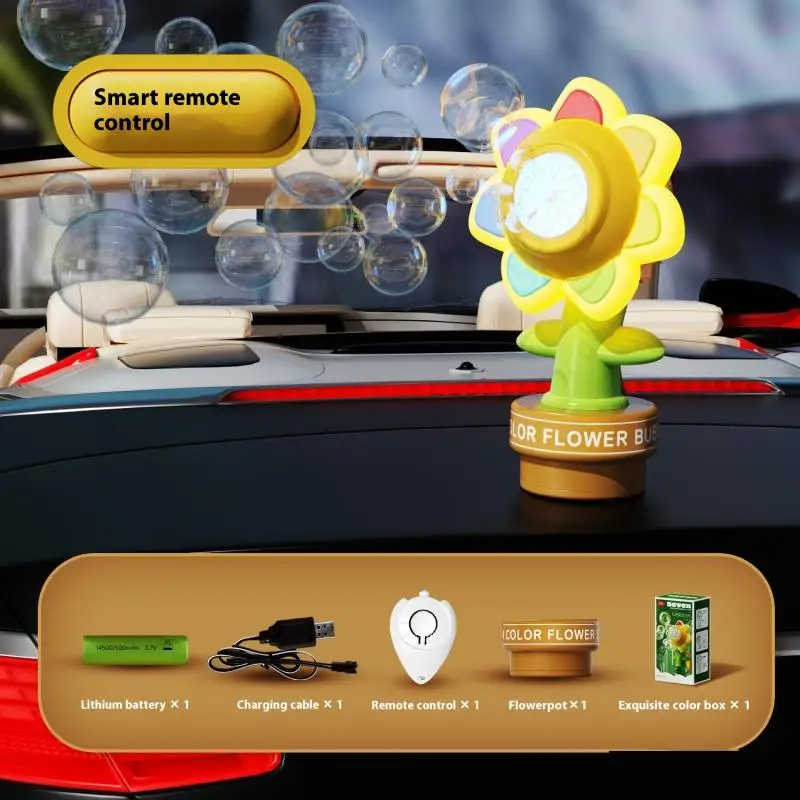 Máquina de burbujas de flores de siete colores, Control remoto de coche recargable, máquina de burbujas de girasol oscilante con luz de burbuja de goteo para coche