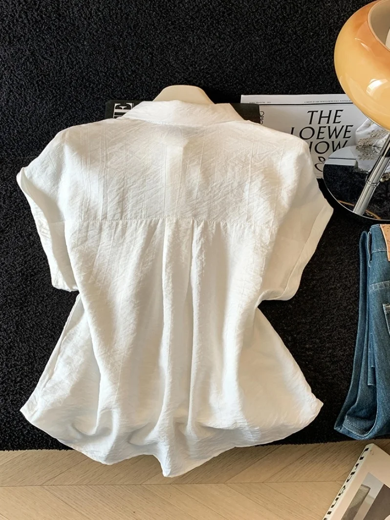 

Elegant Tie-Detail Women's Shirt Summer Style Minimalist White Shirt Small Flying Sleeve Top Fashionable Casual Wear