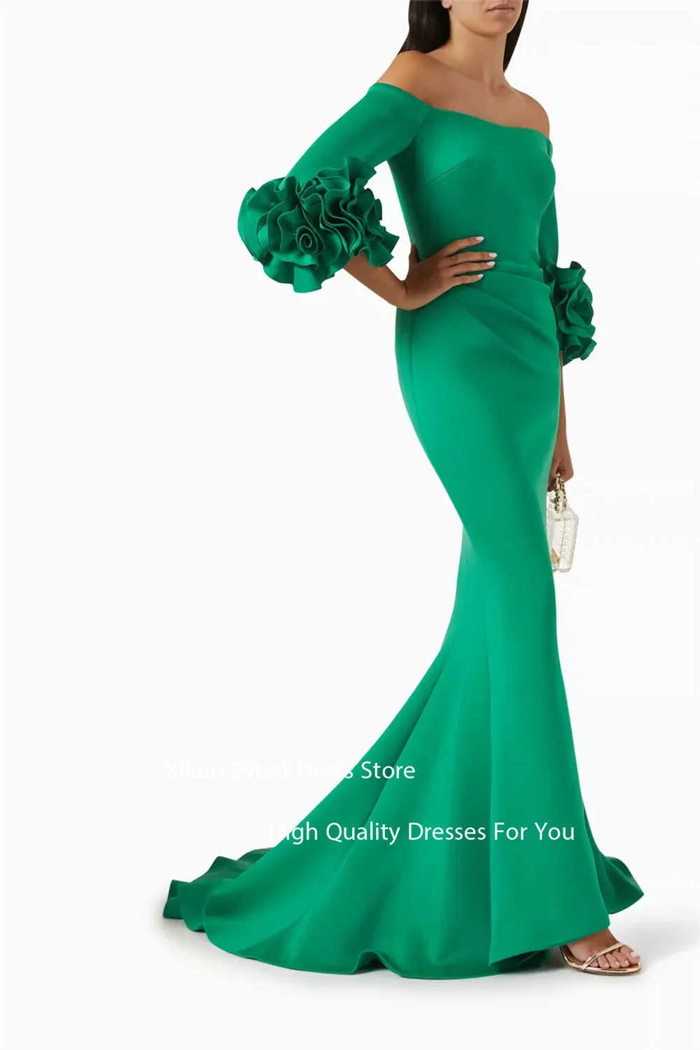 Xikuo Abendkleid aus rotem Satin mit drapierter Schleppe, schulterfrei, Robe de Soirée, gerüschte Blumenärmel, formelle Partykleider, individuell gestaltet