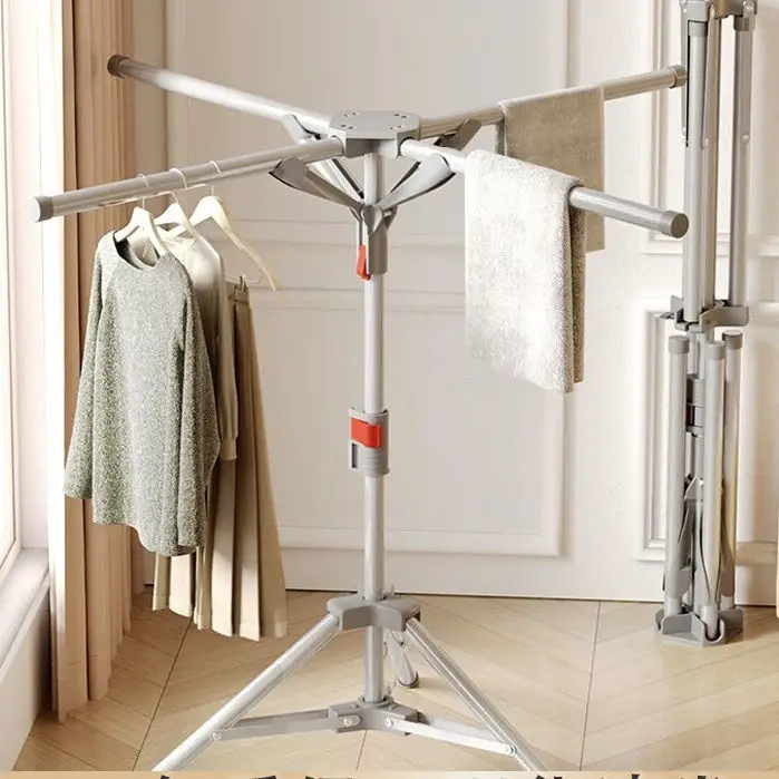 Folding Drying Rack Floor-to-ceiling Balcony Room Double Rod Thickened Inner Telescopic Household Indoor and Outdoor Drying Rack