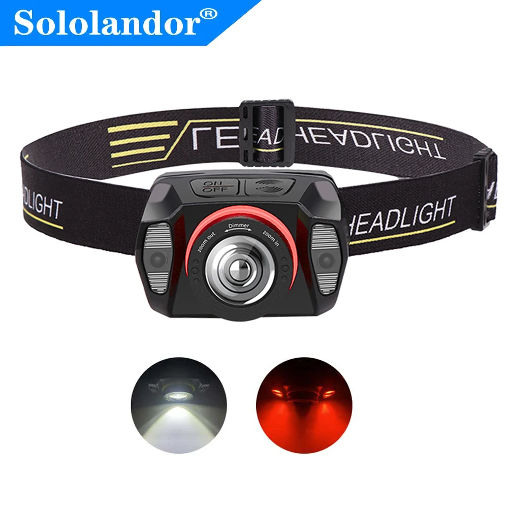 Zoom Headlamp USB Type C  Torch LED Headlight Body Motion Sensor Head Wrist Strap Band lamp Riding Red Flash Light lantern