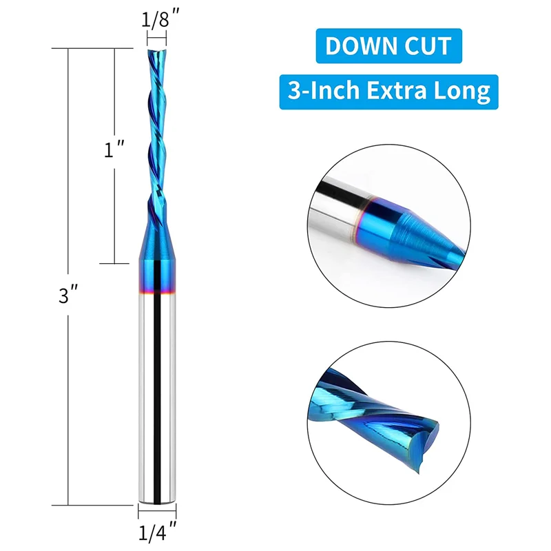 Downcut Spiral Router Bit 1/4 Inch Shank,1/8 Inch Cutting Diameter, Extra Long 3 Inch Solid Carbide for Wood Cut,Carving