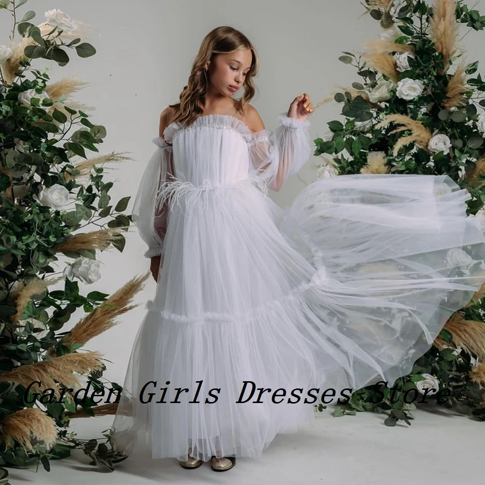 Ivory Off Shoulder Flower Girls Dresses with Soft Tulle Floor Length 2024 Summer 2025 Christmas Dresses for Princess فستان عيد ا