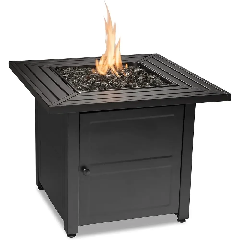 30 Inch Square Propane Gas Outdoor Fire Pit Table with Steel Mantel, Black Fire Glass, Protective Cover