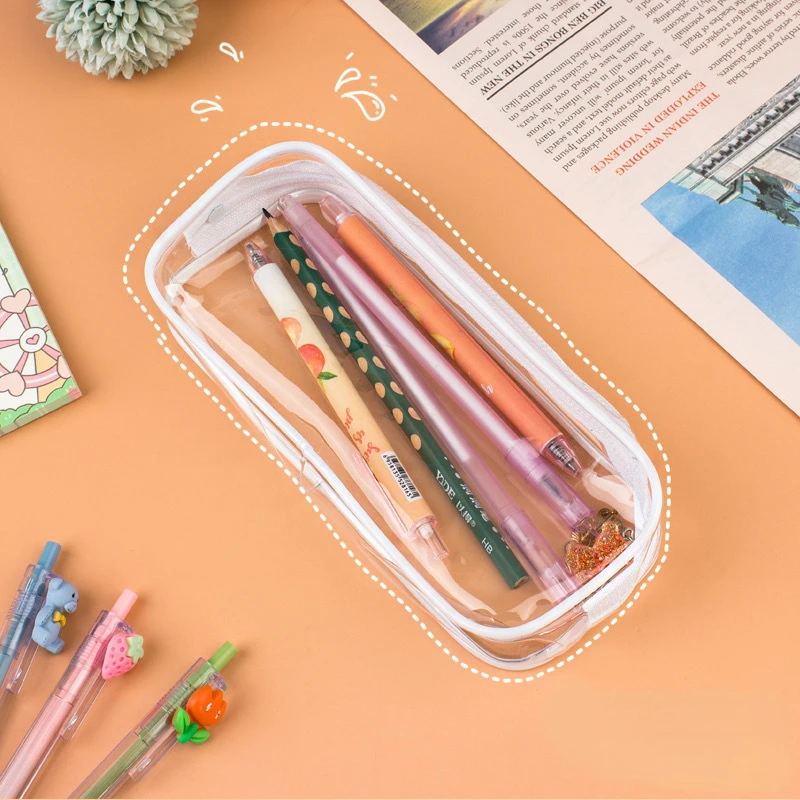 Kawaii Transparent Pencil Case Large Capacity Waterproof Pen Box for Girls Cosmetic Bag Stationery Office School Supplies