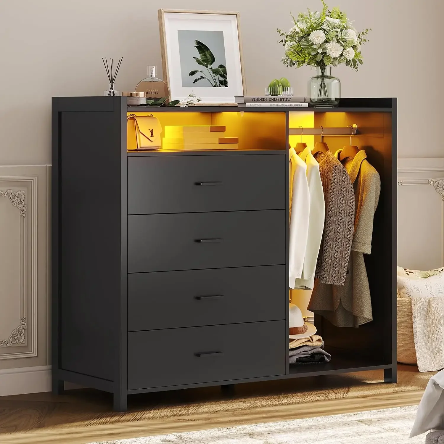 Dresser for Bedroom with Clothes Rail, Chest of 4 Drawers with LED Lights, Modern Black Dresser with Open Storage Space f