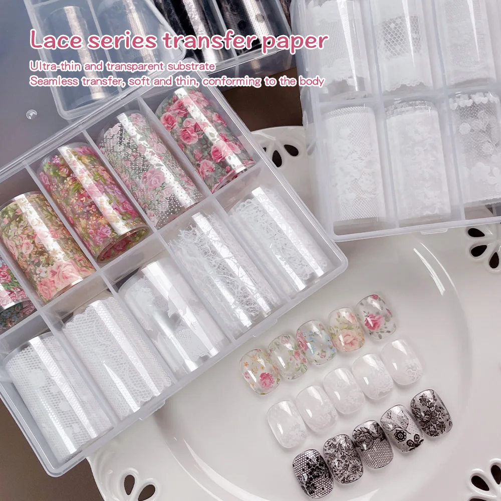 10 Rolls Lace Nail Transfer Paper Box Floral Lace Nail Foil Transfer Stickers Box Nail Transfer Foil Summer Nail Decoration DIY