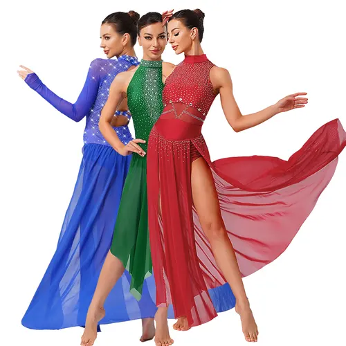 Imagen 2 del producto Leotardo de Ballet lírico sin mangas para mujer, falda superpuesta, patinaje artístico, Ropa de baile contemporánea moderna, vestido largo dividido