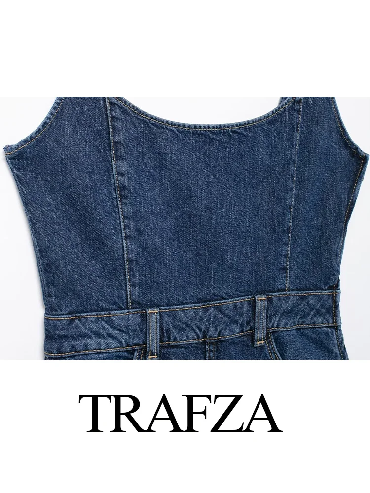 TRAFZA Women Fashion Pockets Denim Solid Dress Sleeveless Decorate Side Zipper Summer Women's Beach Style Midi Dresses Mujer