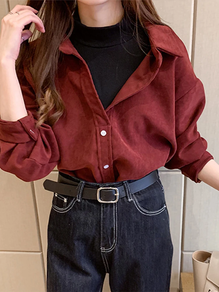 

Красная женская рубашка-обманка (имитация двойки) на осень-зиму, новый стиль, ранняя весна, ретро, утепленная, базовый слой, с пуговицами, длинный рукав