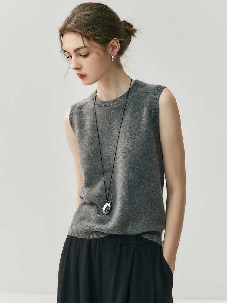 

Женский базовый жилет из 100% кашемира, пуловер без рукавов, теплая одежда для осени и зимы, офисный жилет с круглым вырезом, однотонный вязаный жилет