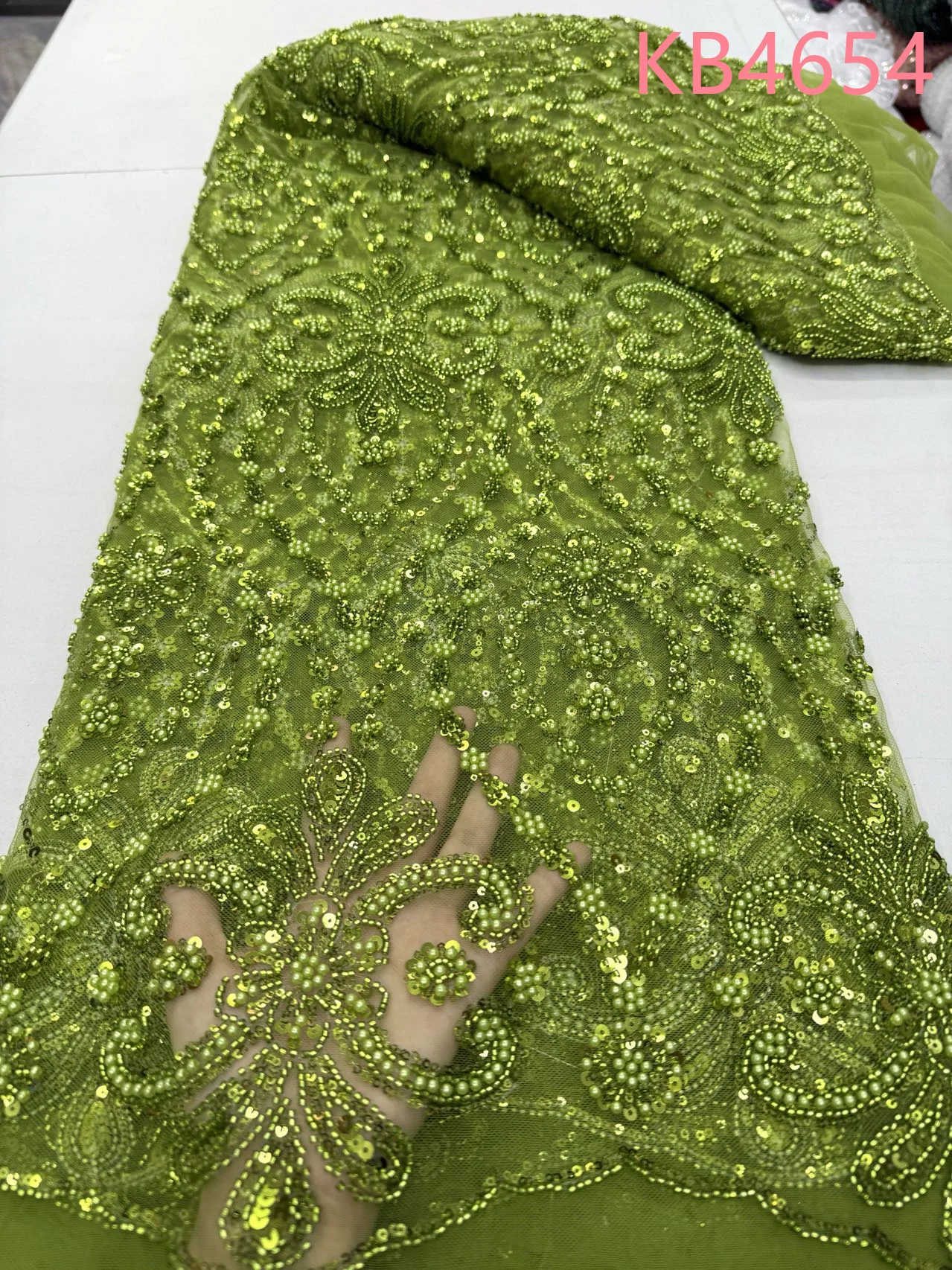 

5 Yards Oliver Green Beads Lace Fabric African Lace Fabric 2025 High Quality Sequins Tulle Lace For Women's Evening Dress KB3604