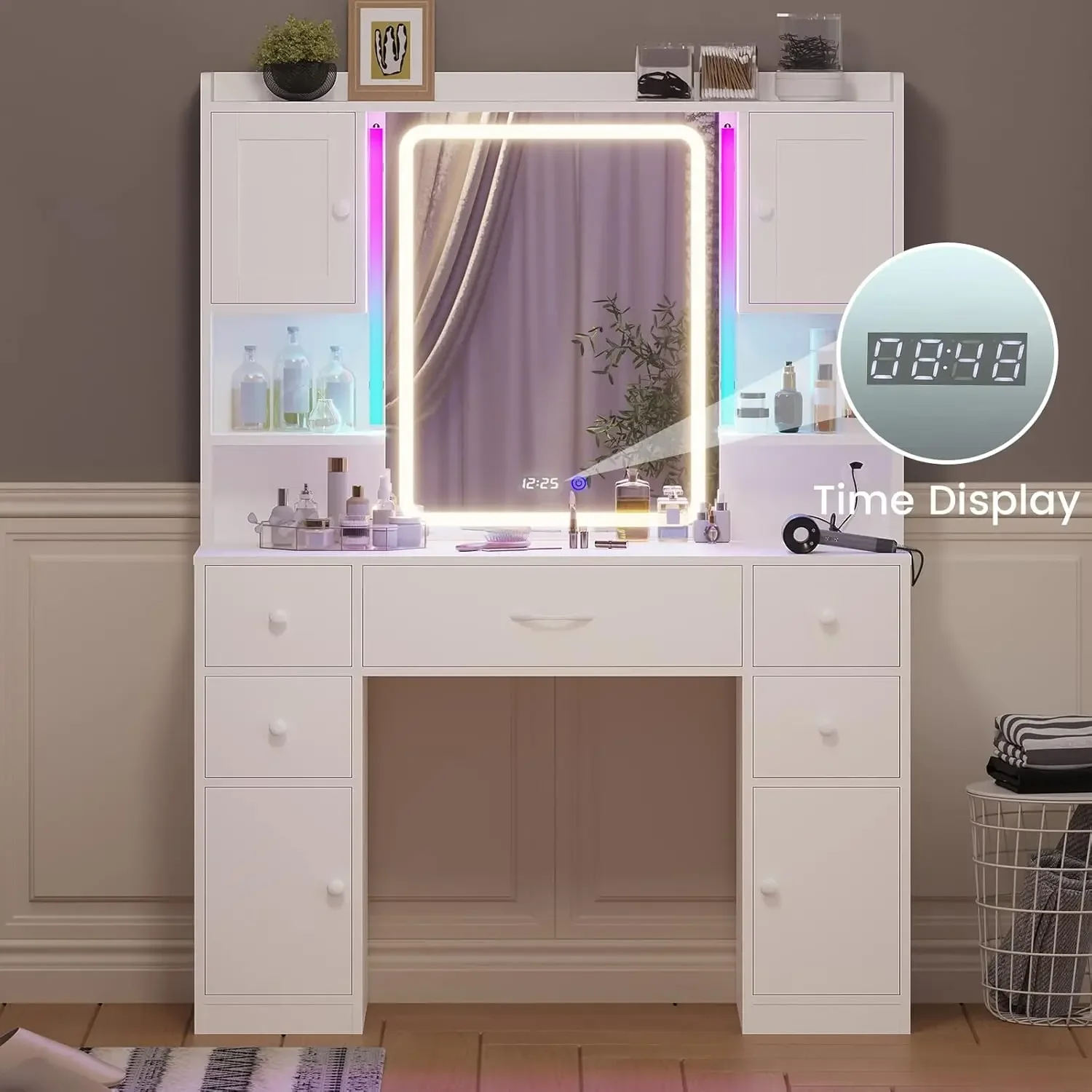 Large Vanity Desk with Mirror and Lights, Makeup Vanity with Lights and Charging Station, Vanity Table with Smart Mirror image 5