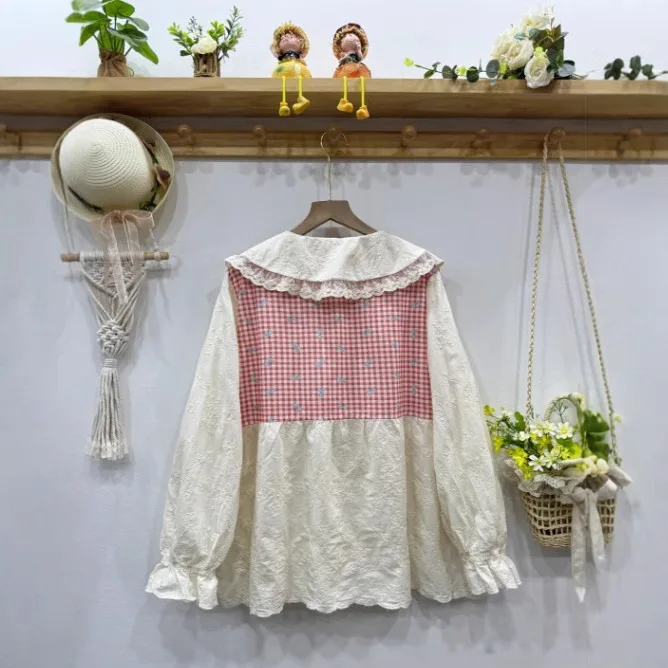 Sweet Mori Girl Embroidery Vintage Plaid Patchwork Cotton Shirts Women Japanese Spring Cute Peter Pan Collar Long Sleeve Blouse