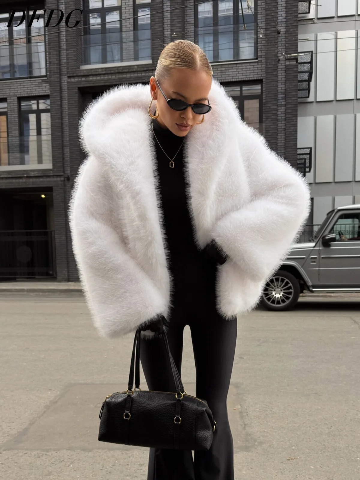 DFDG Women Faux Fur Hooded Cropped Jacket Oversized Fluffy Plush Warm Coat Trendy Street Style Winter Outerwear For Ladies