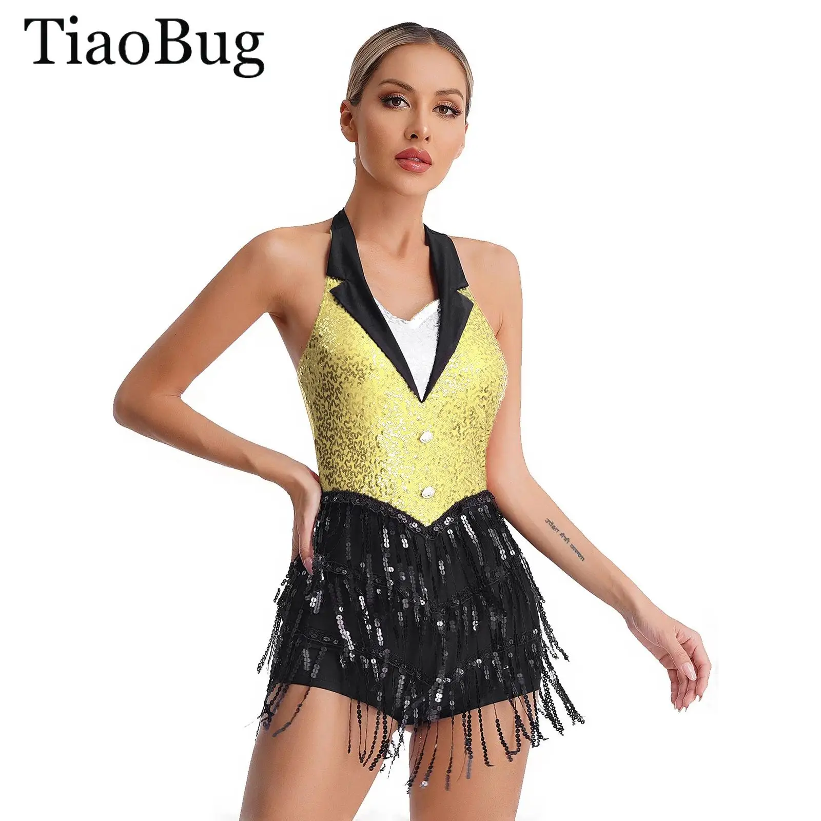 

Women Latin Dance Leotard Sparkly Sequin Jazz Fringe Bodysuit Halter Backless Tassel Jumpsuit Cha-cha Tango Ballroom Performance