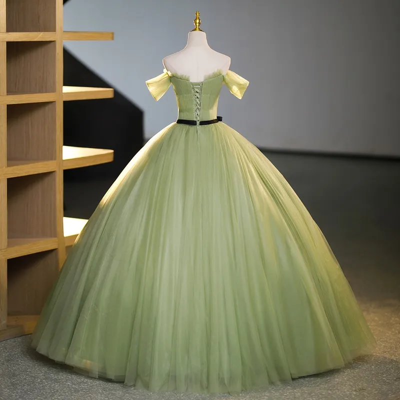 Vestido de fiesta de quinceañera verde, elegante vestido de encaje con hombros descubiertos para baile de graduación con foto Real, talla grande 2023