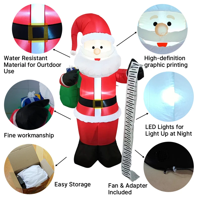 6피트 크리스마스 장식품 풍선 선물 가방 산타클로스 장난감 집 마당 장식 LED 장식 크리스마스 용품 야외용
