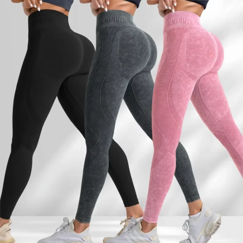 

Women Seamless Gym High Waist Yoga Pants Hip Lifting Outdoor Sports Tight Waist Letter Sand Washed Pants Exercise Yoga Leggings