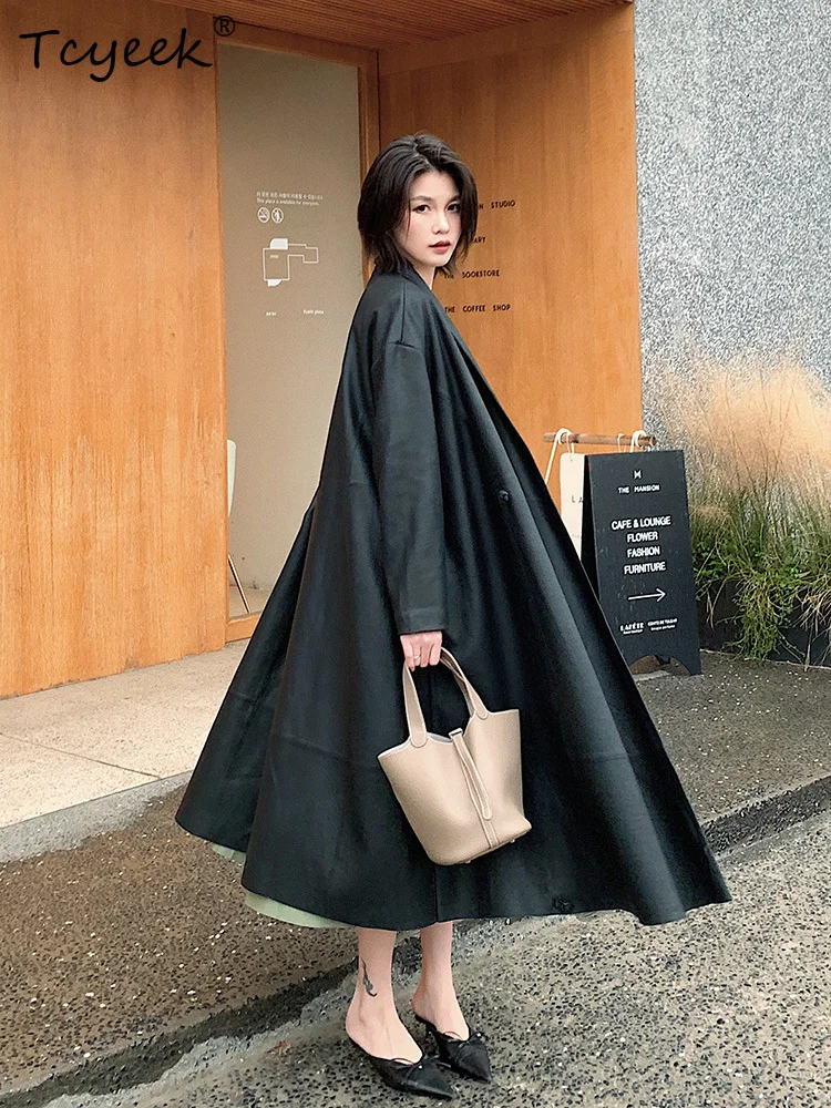Tcyeek Pelle di pecora Primavera Autunno Colletto nero del vestito Vintage Giacca in vera pelle da donna di media lunghezza Жaki Julaiжаusus Куртка