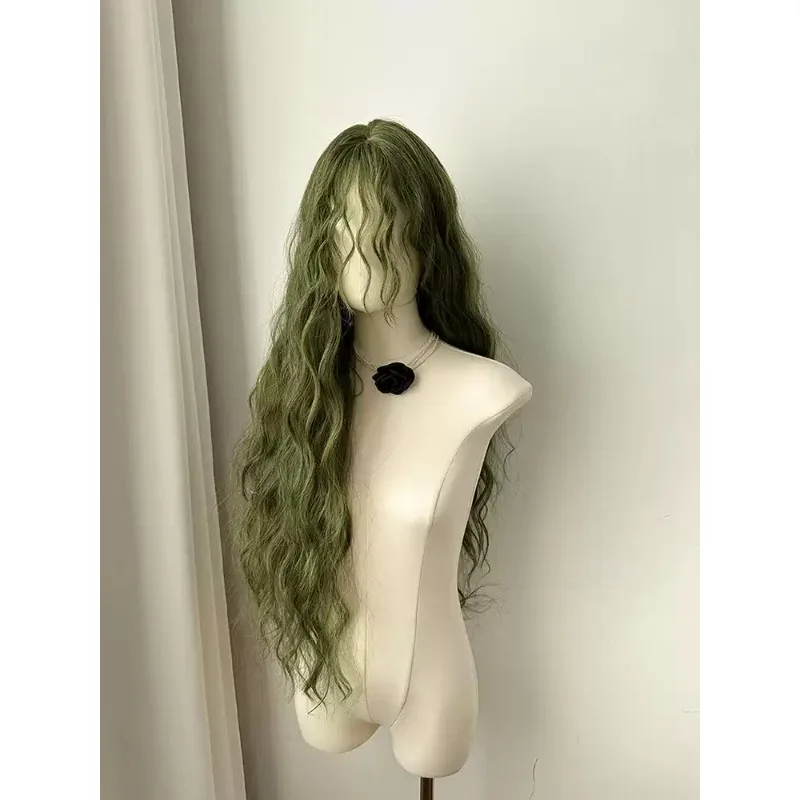 Moss Green Extra Long Wool Curly Wig for Women, Vintage Forest Elf Full Head Synthetic Hair Wig for Halloween Cosplay