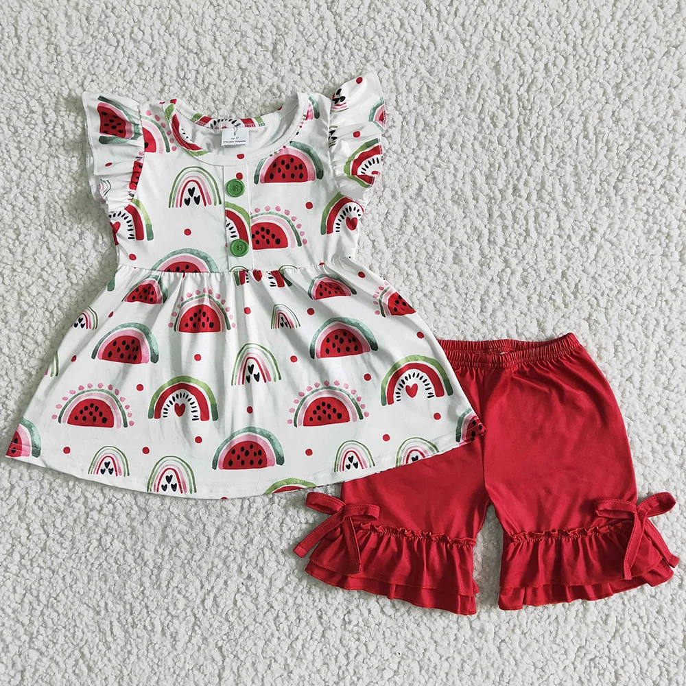 

Hot Sale Kids Designer Clothes Girls Summer Outfits Infant Baby Girl Clothes Set Cute Watermelon Rainbow Girls Boutique Clothing
