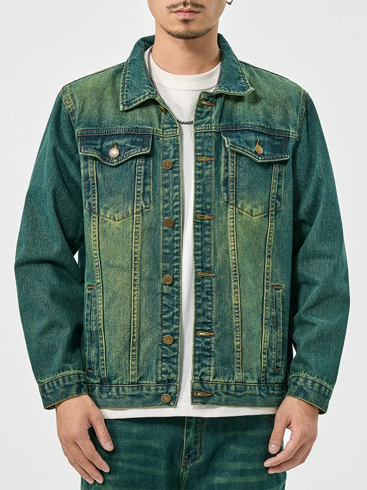 

Water ghost green high-end American casual denim suit men's high street tide retro loose jacket large size workwear jacket