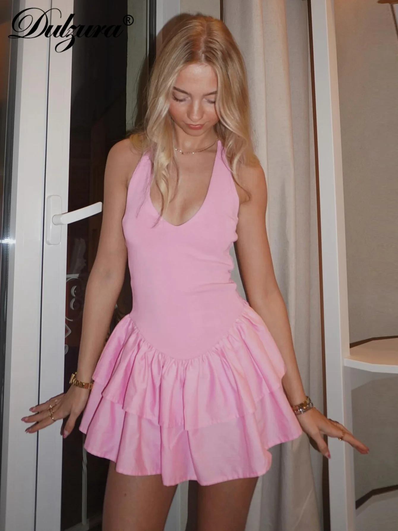 Dulzura Halter Sleeveless Backless Bodycon Cami Pleated Mini Dress Solid Sexy Elegant Long Dress Party Club Street Summer Outfit