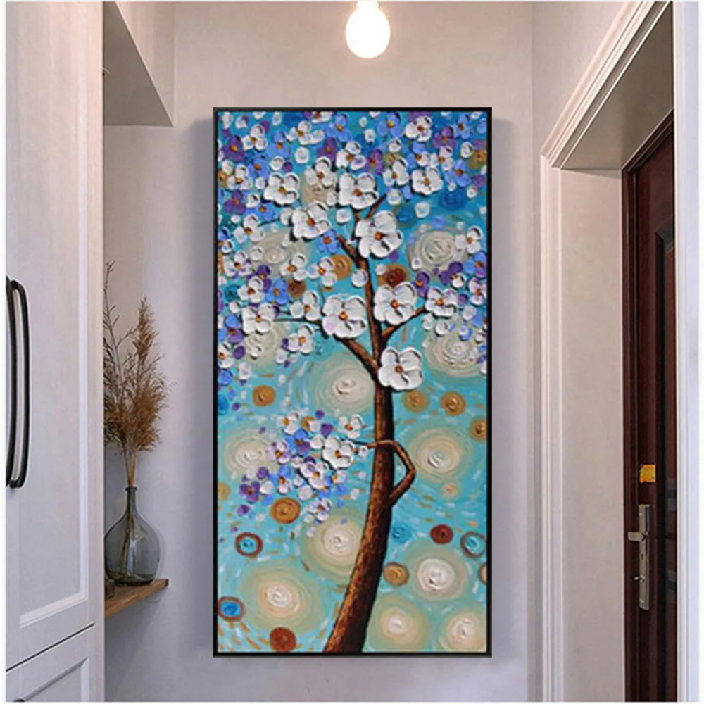 

Nordic Home Wall Art Picture Handmade Palette Knife Tree Flower Oil Painting Purple White Vogue Canvas Poster Decor Living Room