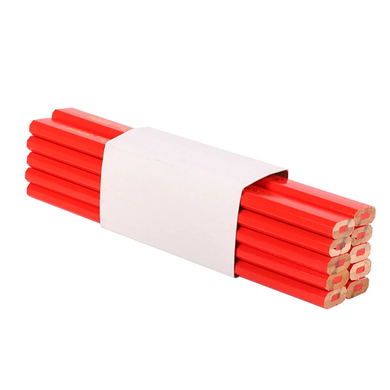 12PCS Elliptical Woodworking Pencils With Scale Flat Mark Pencils Black/Red Thick Core Hand Tool DIY Accessories