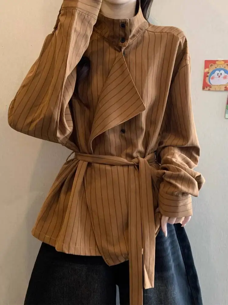 2025 Autumn New Women's Stand Collar Striped Shirt Plus Size Friendly Slim Fit Design Tie Waist Long Sleeve Shirts Top
