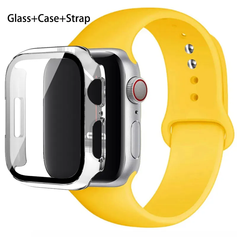 

Glass+Case+band For Apple Watch bands 44mm 40mm 45mm 41-38mm 42mm Silicone sport bracelet iWatch series10 8 9 7 6 5 4 3 SE strap