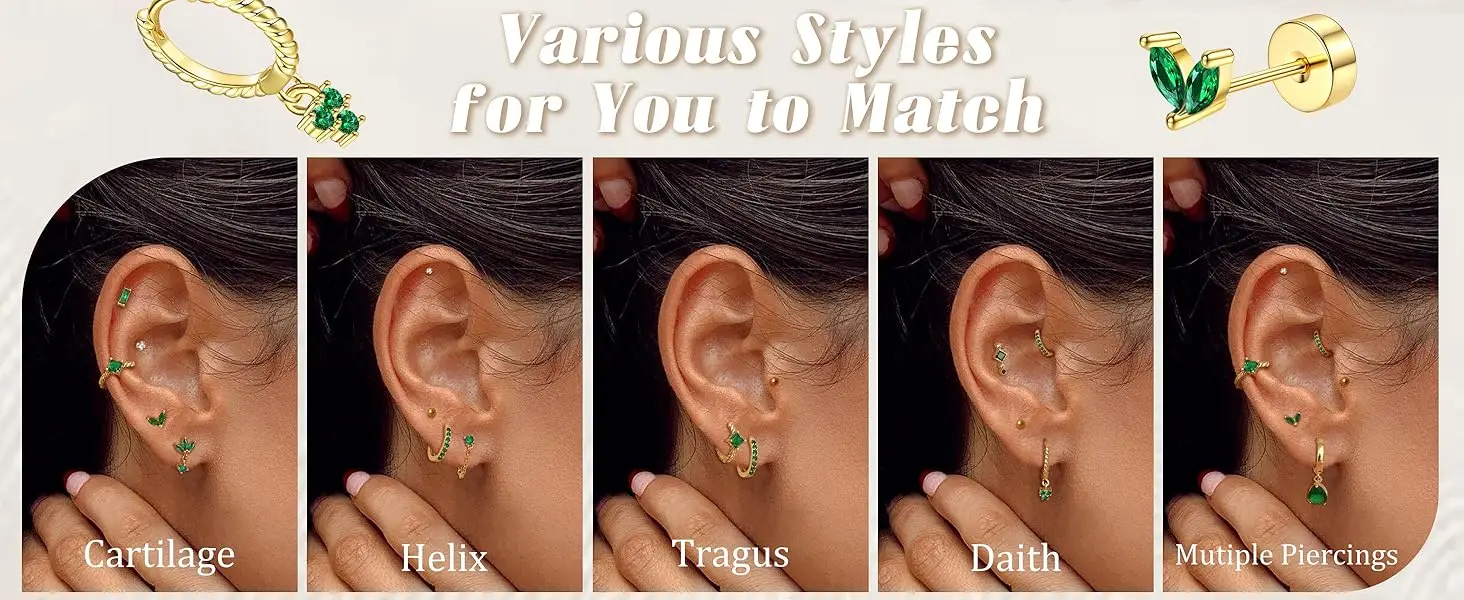 13Pcs Hypoallergenic Stud Earrings Hoop Earrings Set for Women 14K Gold-plated Flat Back Cartilage Earring for Multiple Piercing