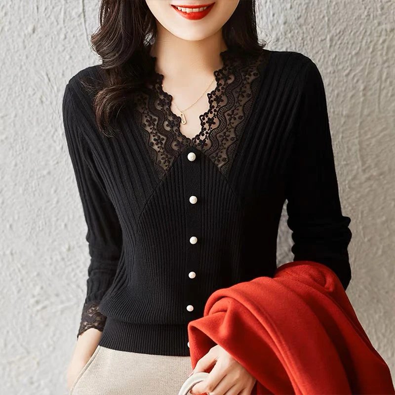 Spring Loose Lace V-neck Sweater Women Casual Elegant Beaded Knit Tops Korean Long Sleeve Knitwear Jumper Chic Bottomed Pullover