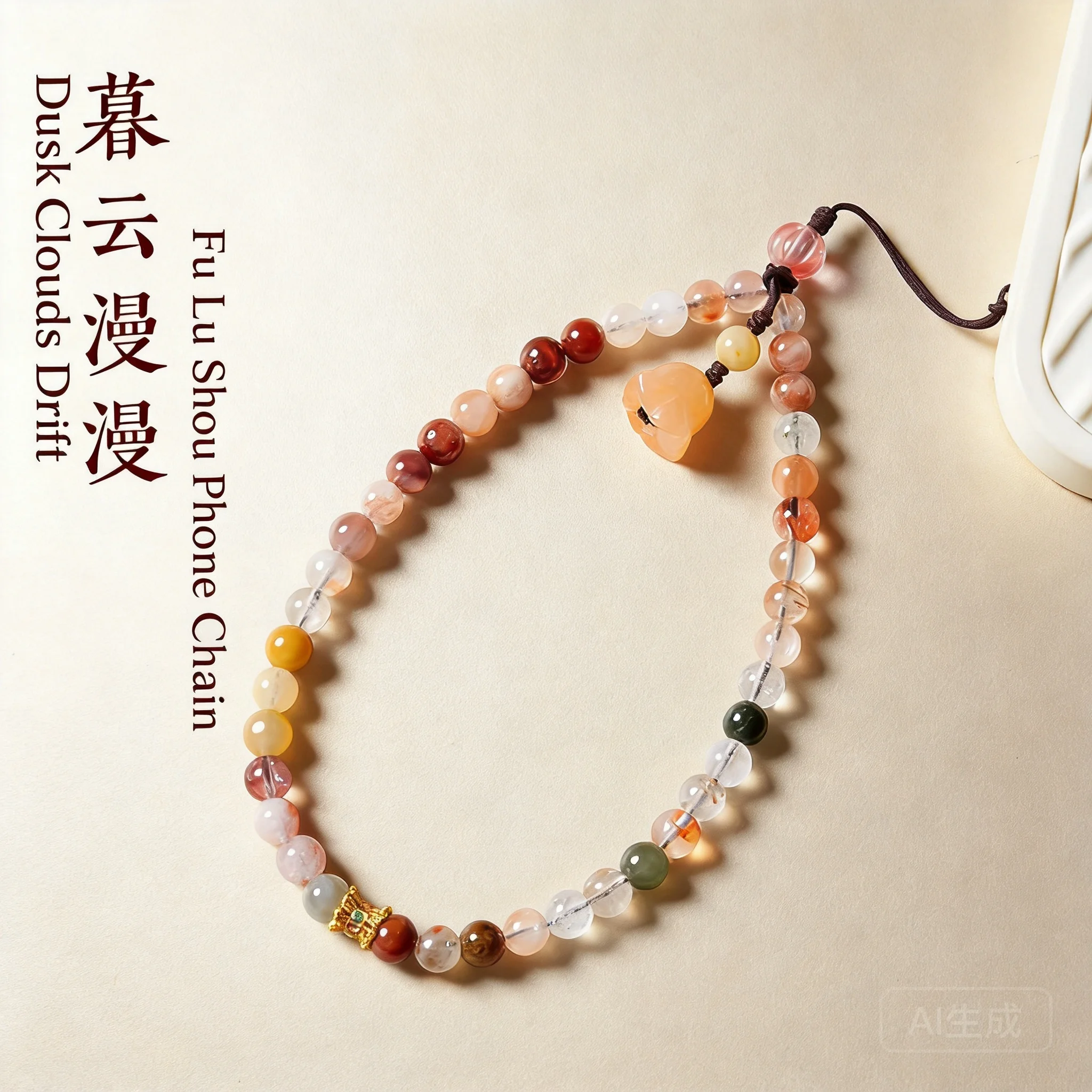 

Chinese Style Lucky Fu Lu Shou Natural Crystal Phone Wrist Lanyard Golden Silk Jade Lily Of The Valley Pendant Auspicious Blessi