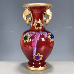Antique porcelain Jun porcelain kiln-changed double-eared ring inlaid gemstone vase Bogu shelf old ornaments