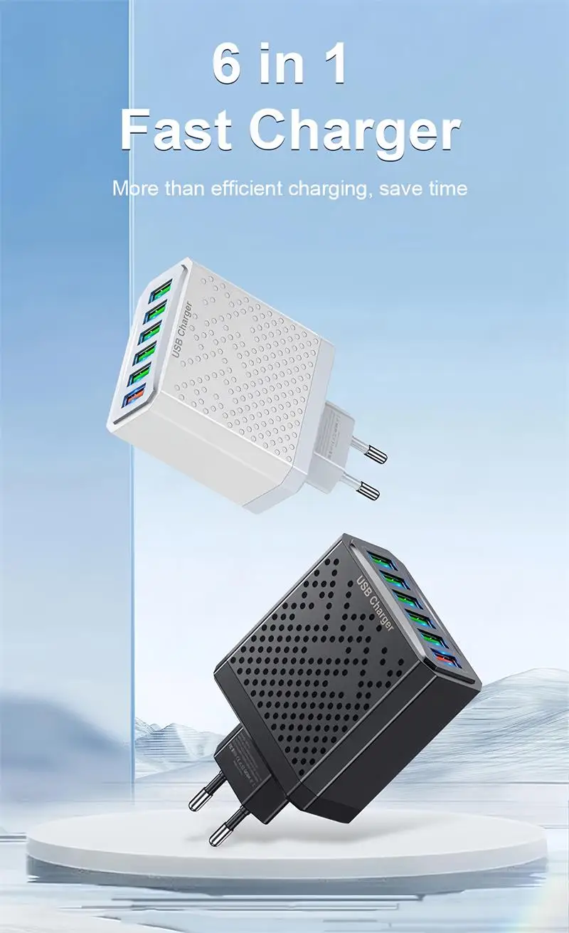 6-in-1 Multi Port Charging Head 5v3a Fast Charging Head Qc3.0 Quick Charging For Samsung S23 Xiaomi Eu/kr/us/uk Adapter Plug