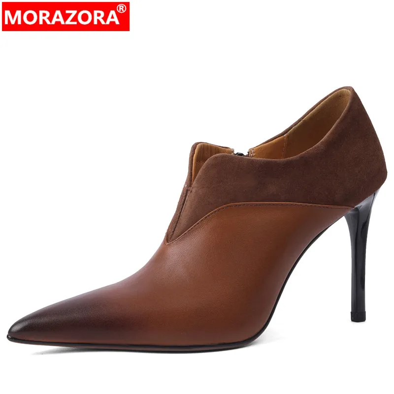 

MORAZORA 2024 New Vintage Genuine Leather Women's Shoes Office Ladies Pointed Toe Zipper Pumps Stilettos High Heels Shoes