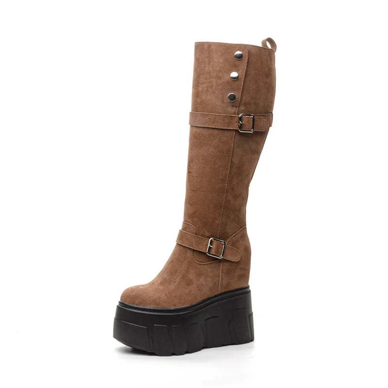 Retro Velvet Rider Boots Women's Chunky Heel Long Tube High Tube Slim round Head High Tube Boots Autumn Winter New Style