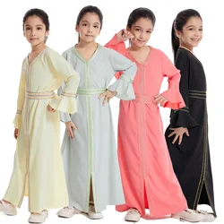 Abaya-Vestidos de Noche largos de lujo para niña, ropa negra para Adolescente musulmana, bata de manga acampanada con borde de aplique, moda para niños, 2024