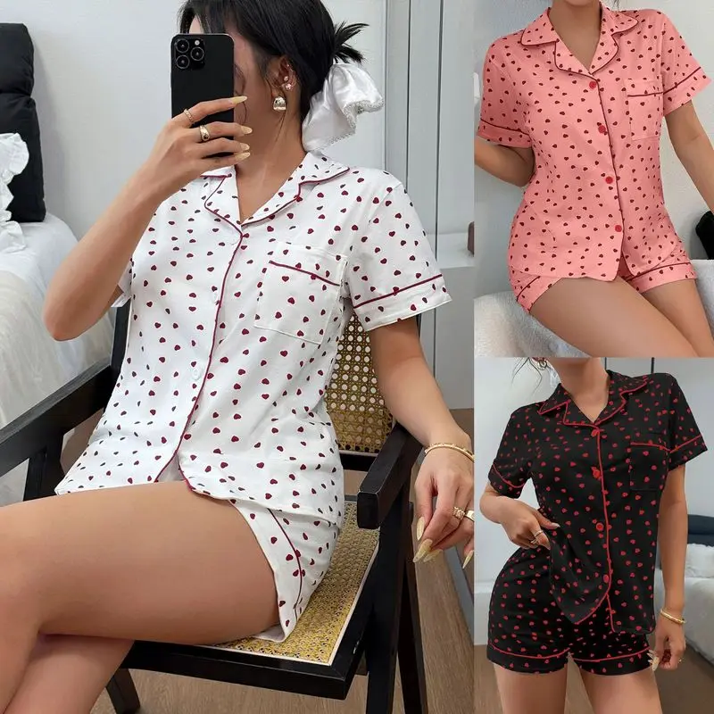 Women’s 2 Piece Sleepwear Set | Casual Chic Heart Print Design | Short Sleeve Lapel Collar Cardigan Top & Matching Shorts Soft C