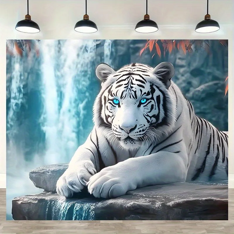 White Tiger Wall Mural With Blue Eyes Waterfall Background 3D Effect Animal Art Decor For Living Room Bedroom Home Interior