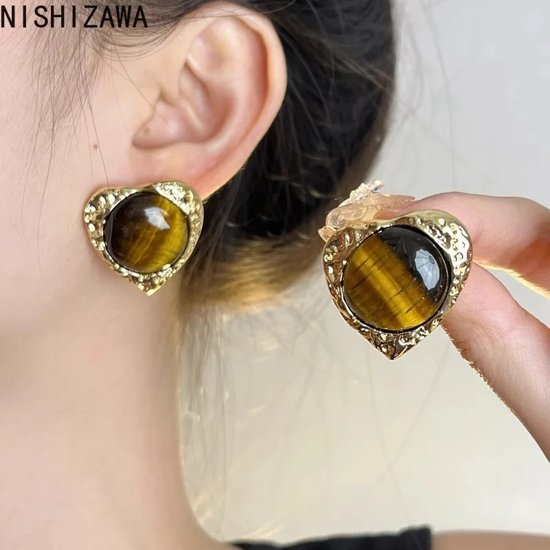 

NISHIZAWA Hearts Earrings for Women Tiger's Eye Stones Vintage Jewelry Korean Fashion Court Style Elegant Pendientes Mujer