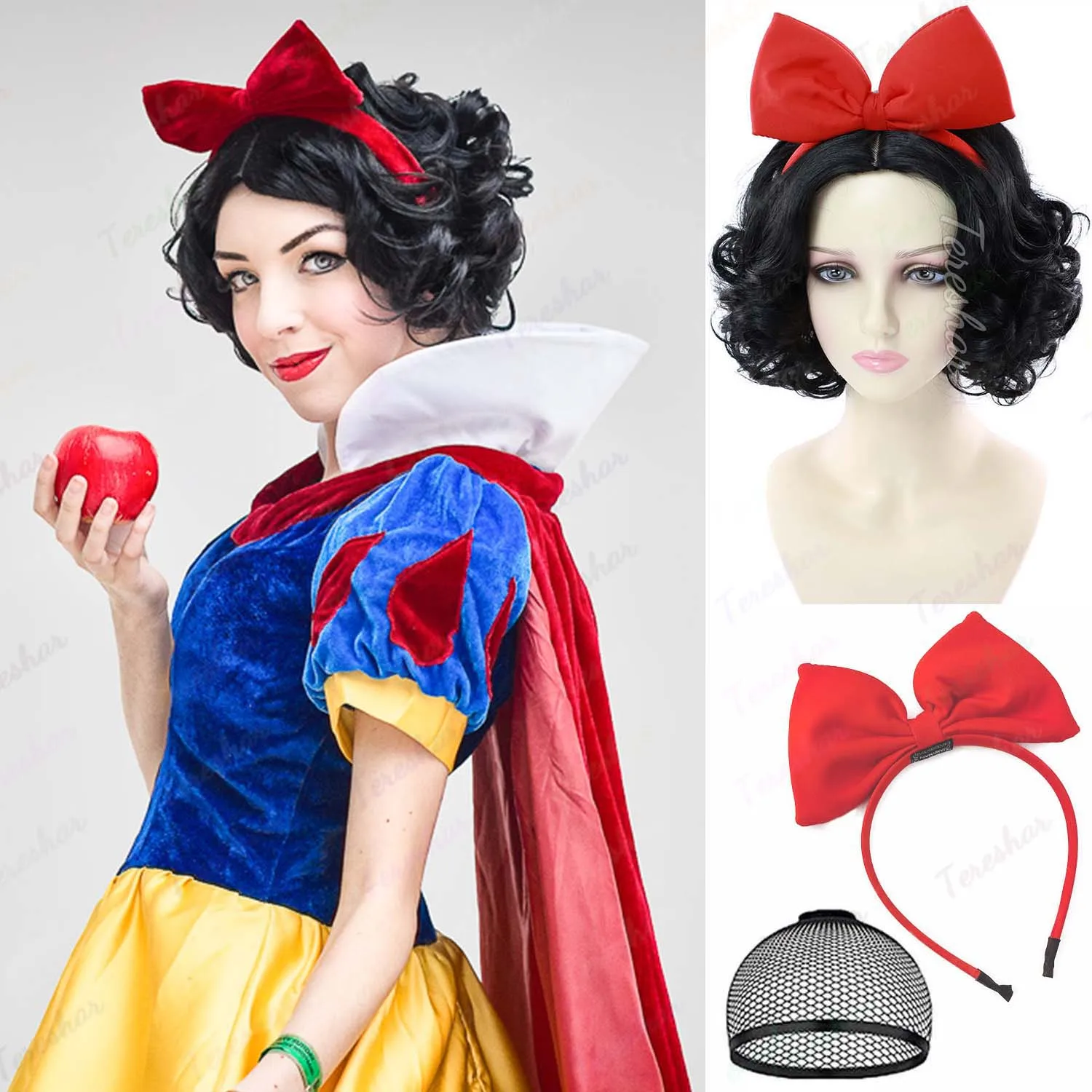 

Synthetic Short Curly Black Wig + Red Bowknot Headband,Bob Wave Snow White Cosplay Wig Black Middle Costume Party Halloween Wigs