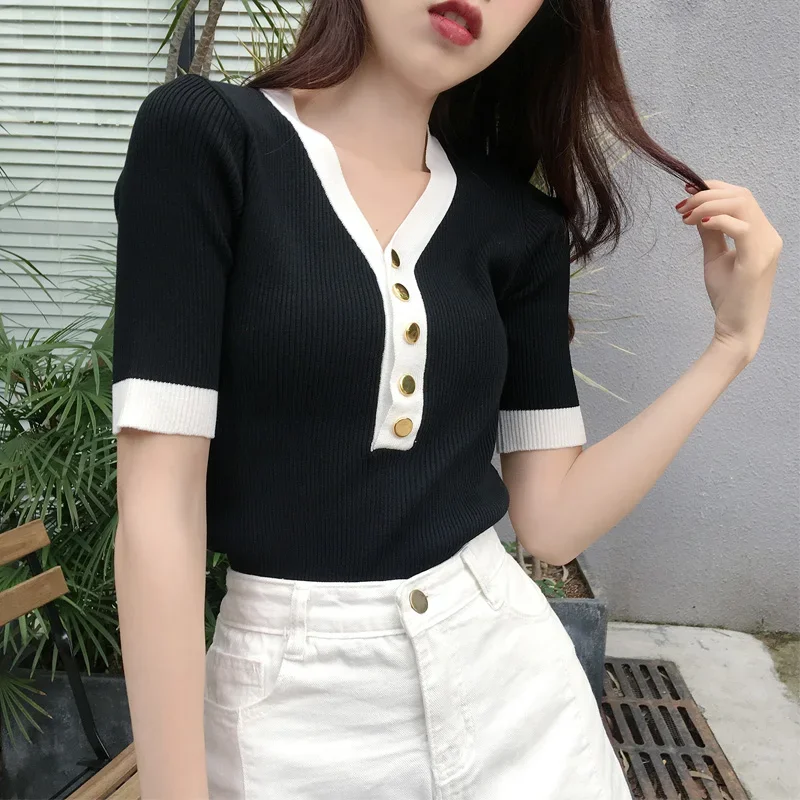 

Summer New Short Sleeve Solid Color V Neck All-match Korean Tops Tees Fashion Casual Women Clothes Slim Knitting Button T Shirts